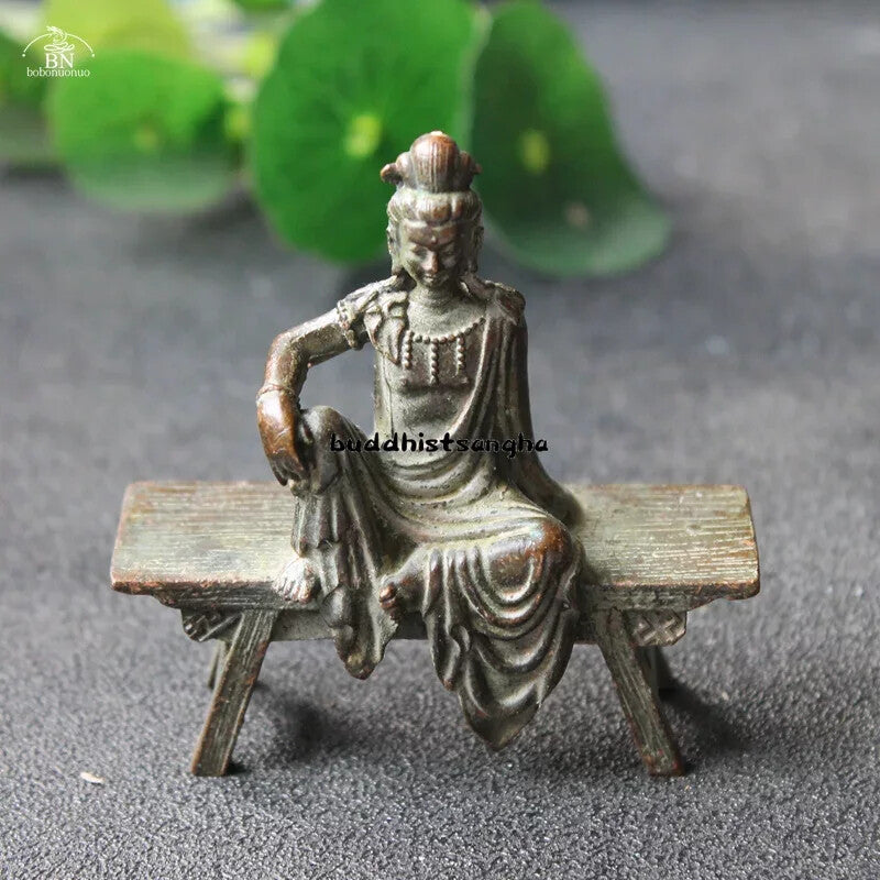 Antique Copper Bench Guanyin Bodhisattva Statue Desktop Ornament Buddha Figurine