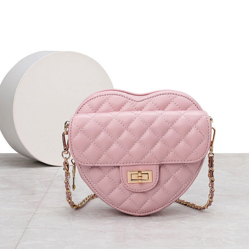 Small Mini Quilted Sheepskin Leather Heart Bag Clutch Shoulder Purse w/ Chain