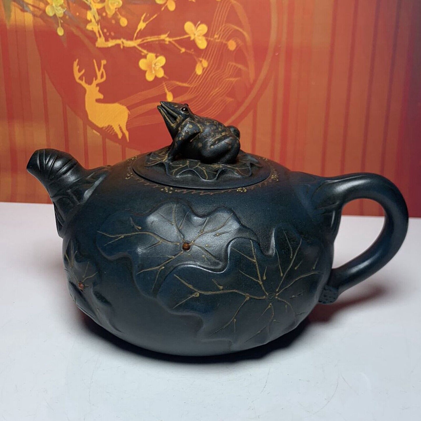 vintage chinese yixing purple clay teapot zisha ceremony lotus leaf frog teaware
