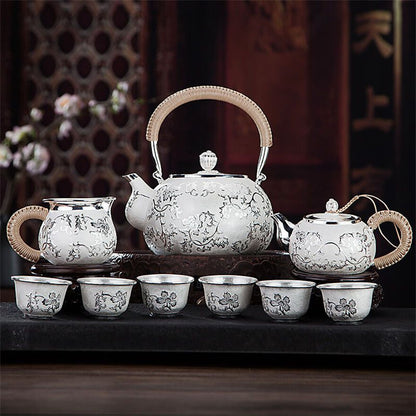 Sterling Silver Tea Set Stove Kettle Tea Pot Tea Cups Pure 999 Silver Snowflake