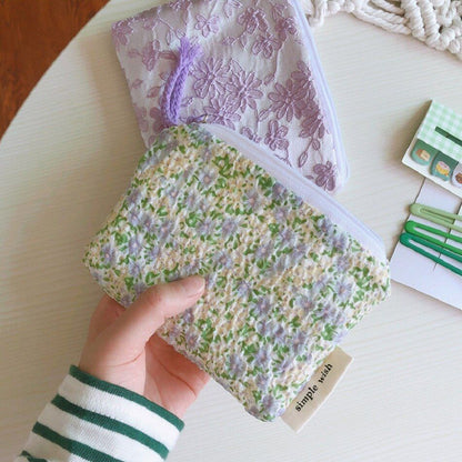 Cotton Floral Organizer Bag Small Fabric Cosmetic Make Up Purse Coin Pouch Case