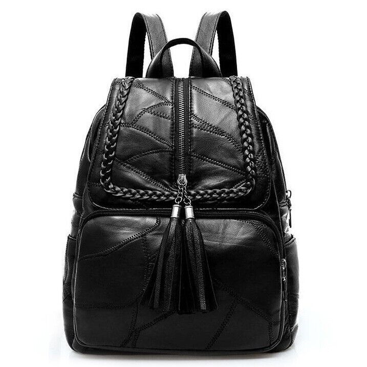 Top Soft PU Leather Black Women's Backpack Shoulder School Bag Retro Rucksack
