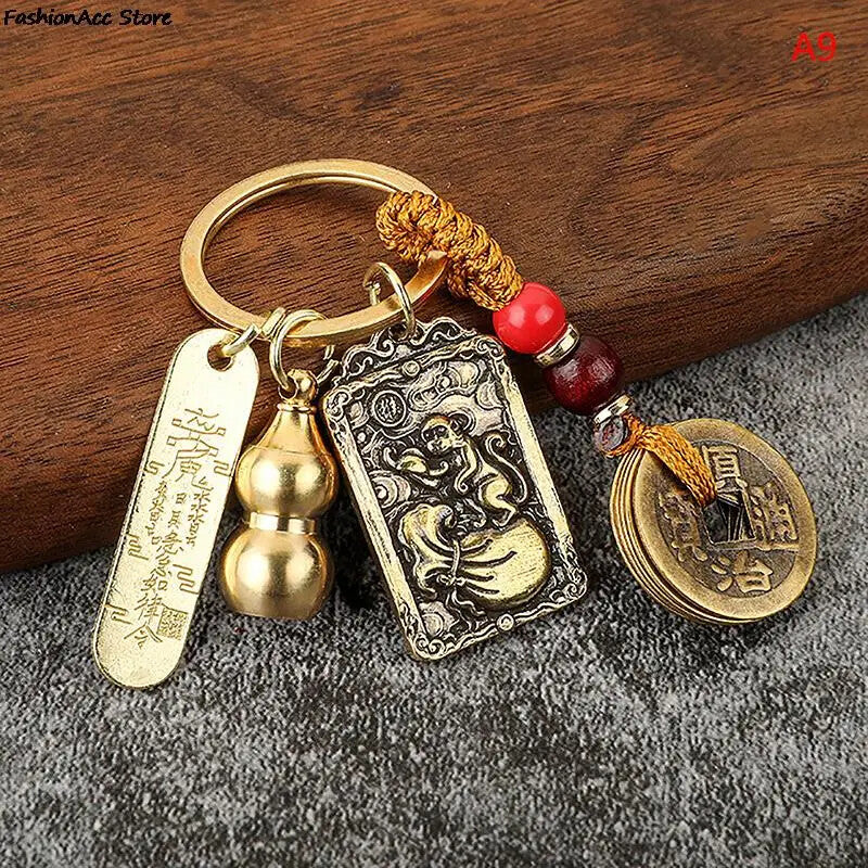 Chinese Style Zodiac Brass Gourd Five Emperors Money Keychain Metal Fengshui