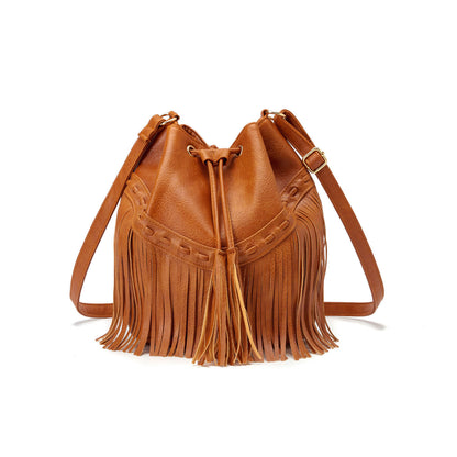 Women's Bag Casual Drawstring Tassel Bucket Bag PU Fringe Female Messenger Bag