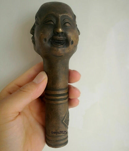 Brass Four-Face Buddha Head Walking Stick Cane Handle Top Topper