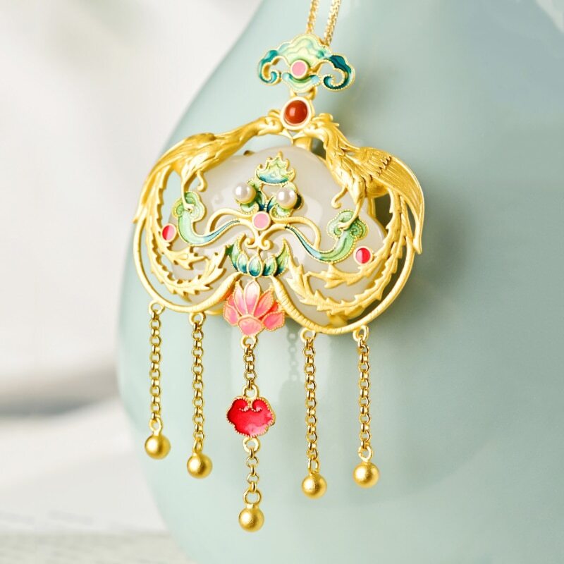 Natural Haitian Jade Palace Style Enamel Porcelain Phoenix Pendant Luxury Tassel -