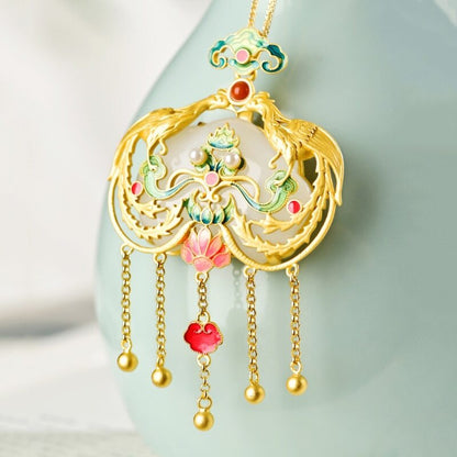 Natural Haitian Jade Palace Style Enamel Porcelain Phoenix Pendant Luxury Tassel -