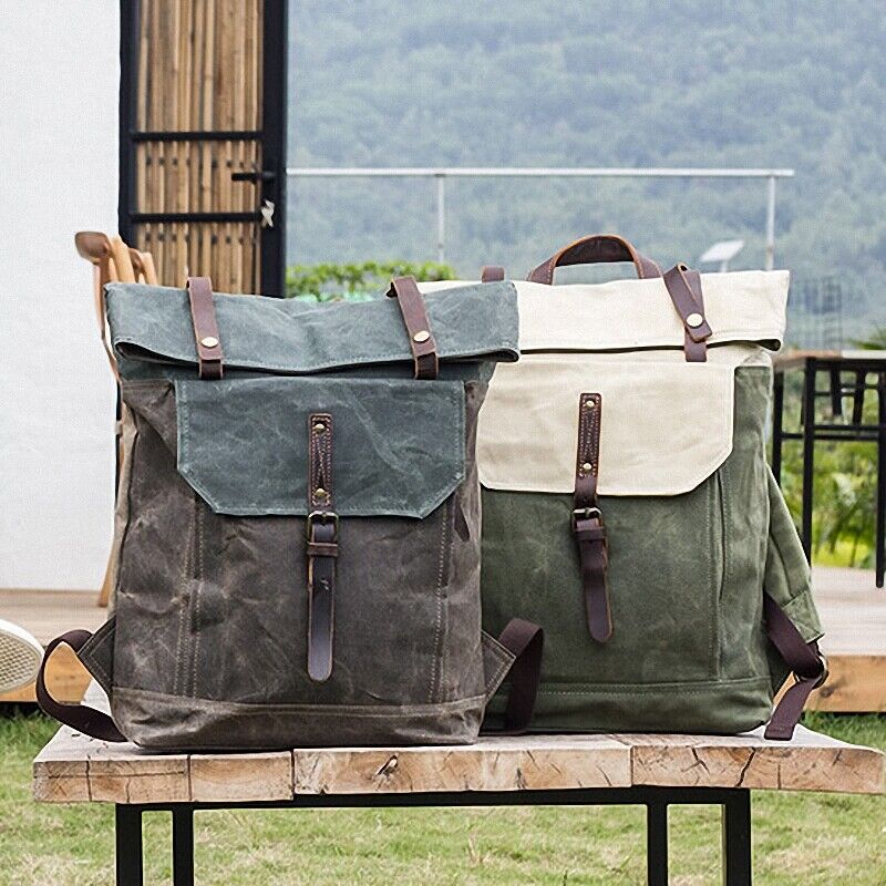 Water Resisant Vintage Waxed Canvas Backpack Fold-Over Satchel 14" Laptop Bag