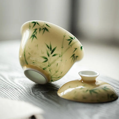 Hand Painted Bamboo Porcelain Yellow Gaiwan For Tea Tureen Teaware Cup Chinese