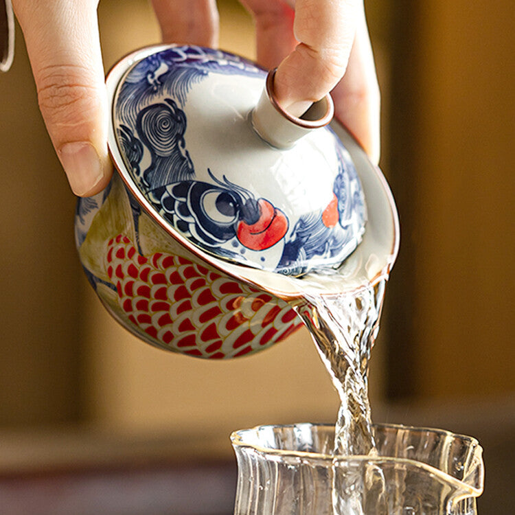 Blue and White Fish Bowl Tea Cup Tea Bowl with Cover Ceramic Home Tea Tea Set
