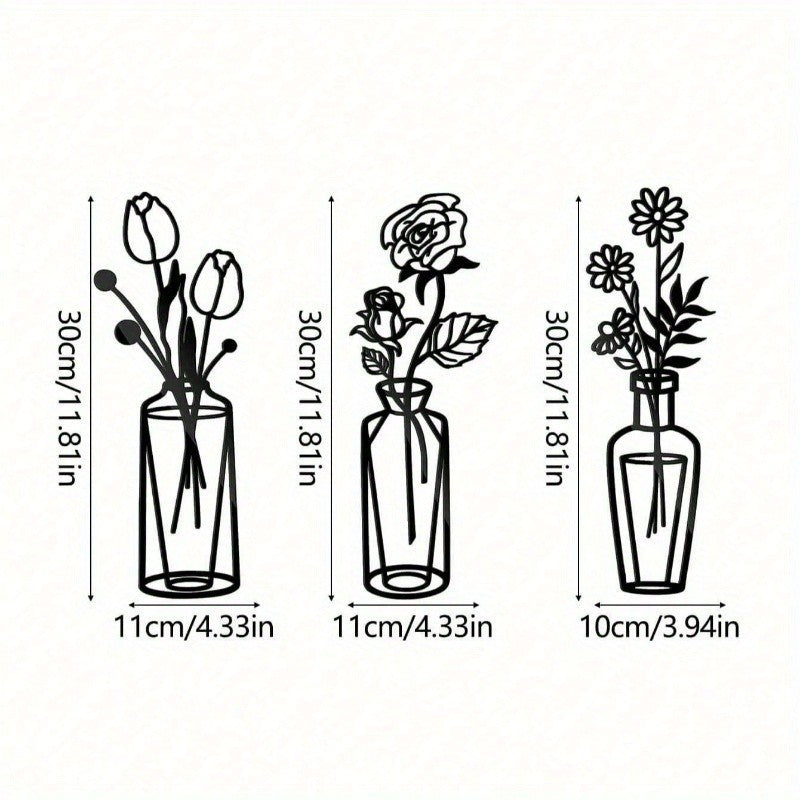 3-Piece Metal Flower Wall Decor Set Simple Iron Vase Wall Art for Home Room