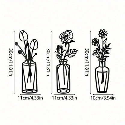 3-Piece Metal Flower Wall Decor Set Simple Iron Vase Wall Art for Home Room