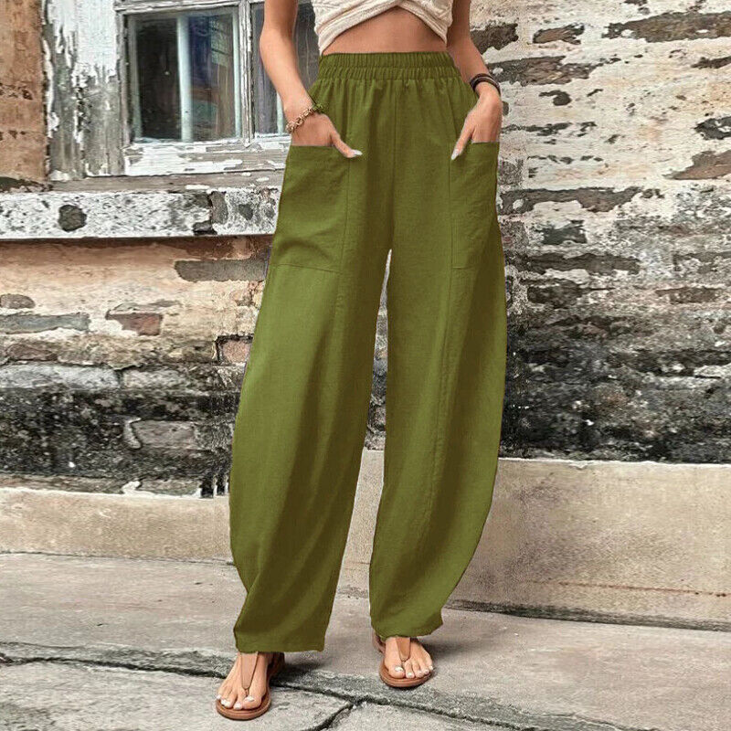 Women Summer Ice Silk Pocket Wide Leg Baggy Pants Elastic High Waist Trousers