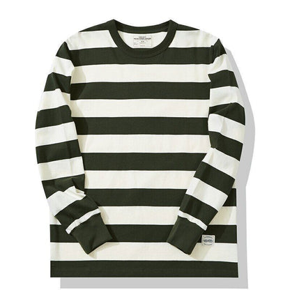 280g Heavyweight Cotton Striped Long Sleeve T-Shirt Men Autumn Navy Thick Tops