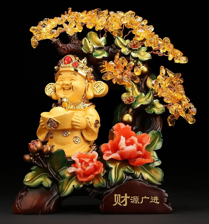 9" Yellow Crystal Chinese Money Tree Wealth God Bonsai Statue Feng Shui Decor