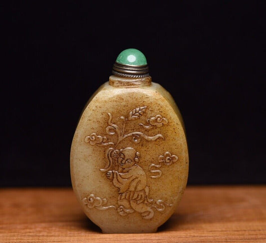 Vintage Chinese Hetian Jade Snuff Bottle Carving Children Statue Snuff Box Gift