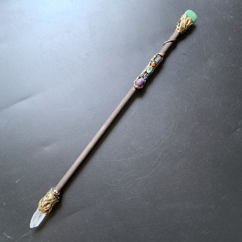 Witch Magic Sticks Clear Quartz Point Crystal Scepter Fairy Wand Props 35cm Wood