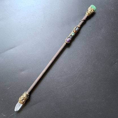 Witch Magic Sticks Clear Quartz Point Crystal Scepter Fairy Wand Props 35cm Wood