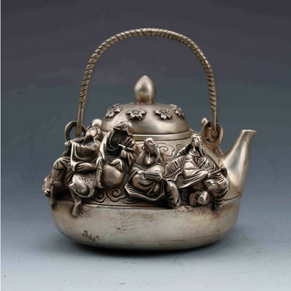 DELICATE CHINESE TIBET SILVER COPPER HANDWORK CARVED EIGHT IMMORTALS TEAPOT