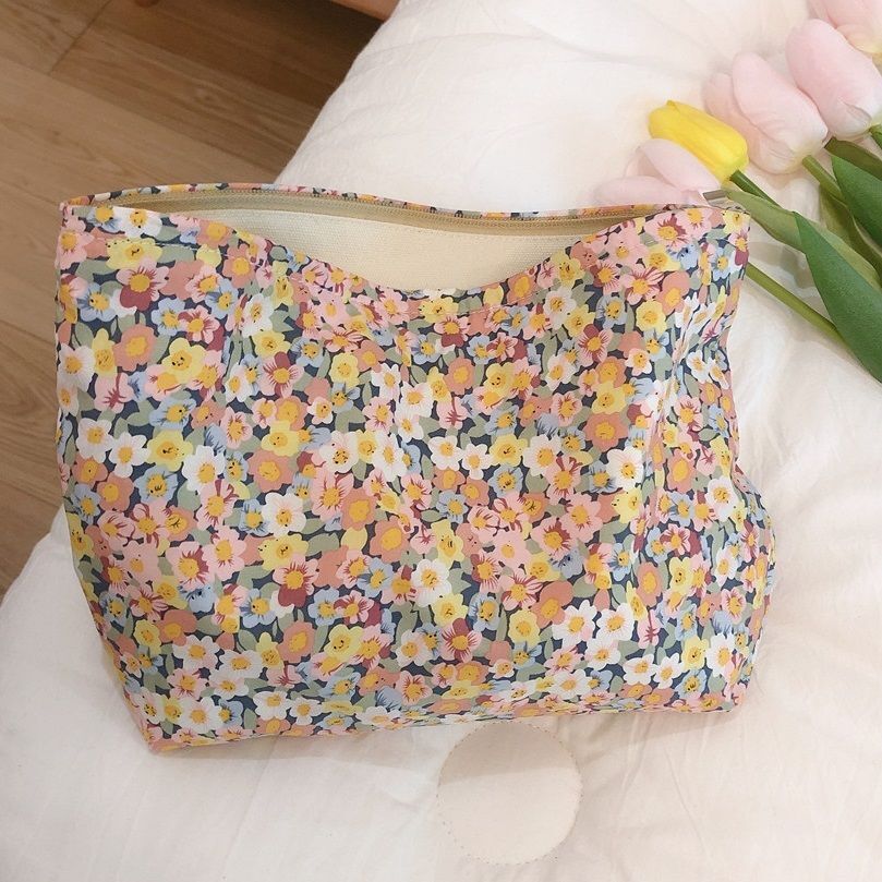 Floral Makeup Bag Large Cotton Fabric Cosmetic Traveling Case Storage Organizer