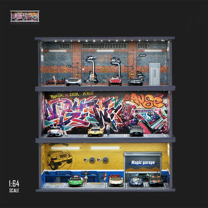 1/64 Car Garage Model LED Lighting Parking Lot Scene Display Diorama Toy Model