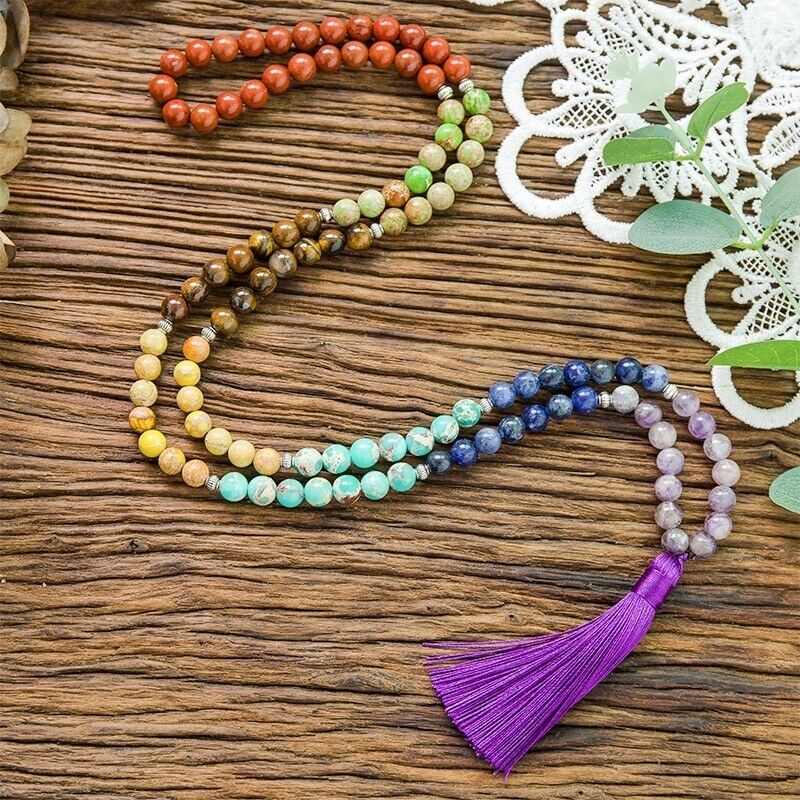 7 Chakra Necklace 8mm Natural Stones Meditation Yoga Peace Spirit Beaded Jewelry