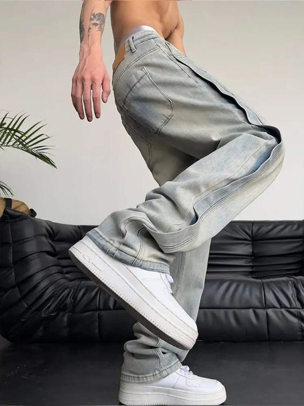 Men’s Baggy Patchwork Jeans Loose Wide Leg Denim