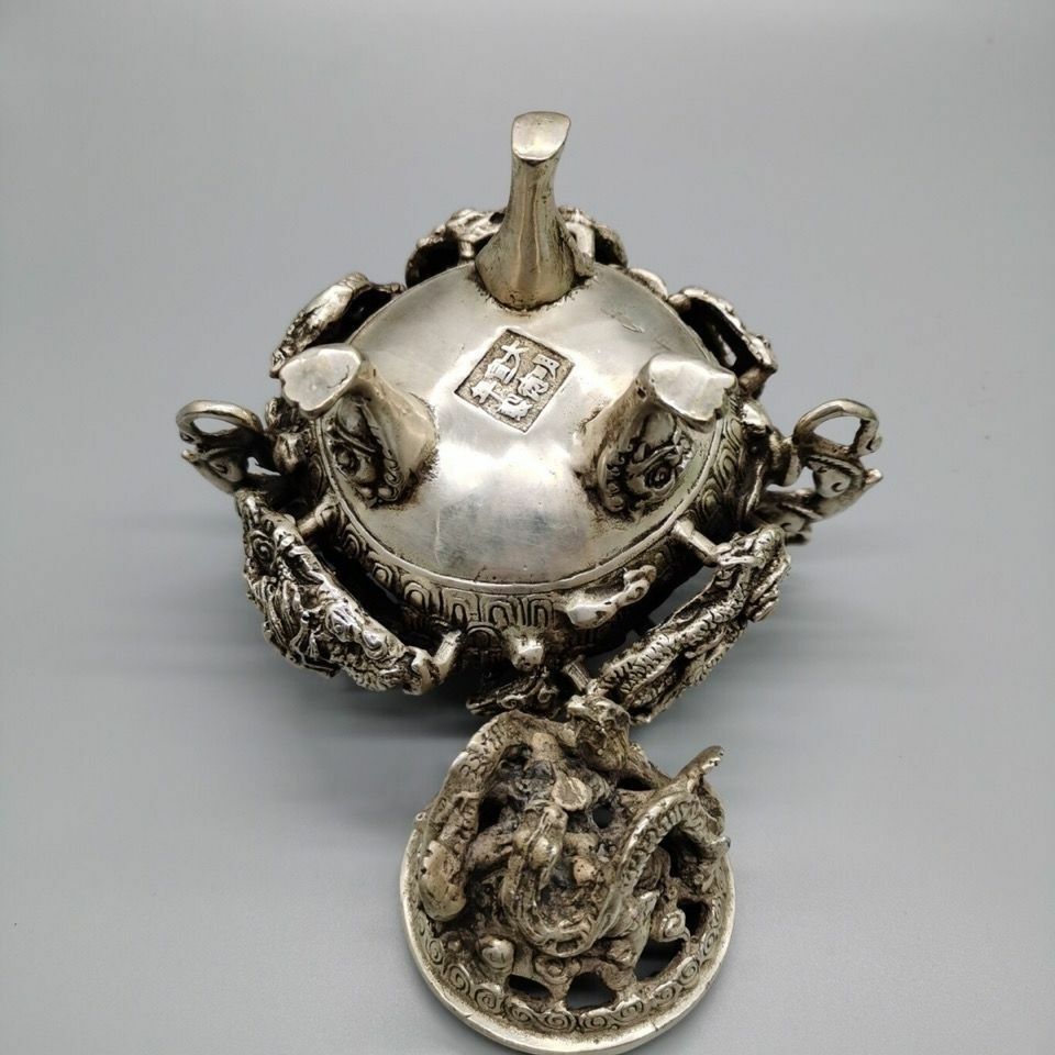 Silver Nine Dragon Censer Old Stamp Tripod Incense Burner Statue Collection