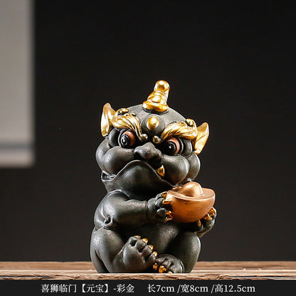A Pair of Green Sand Stone Auspicious Pixiu Tea Pet Statue Desktop Decoration