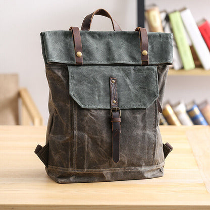 Water Resisant Vintage Waxed Canvas Backpack Fold-Over Satchel 14" Laptop Bag
