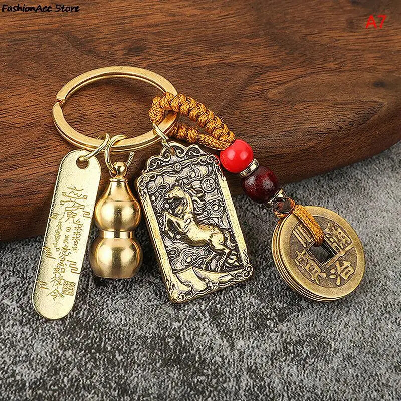 Chinese Style Zodiac Brass Gourd Five Emperors Money Keychain Metal Fengshui