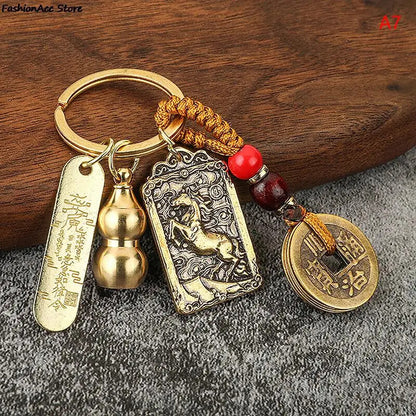 Chinese Style Zodiac Brass Gourd Five Emperors Money Keychain Metal Fengshui