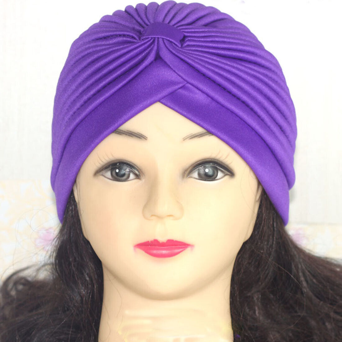 Women Stretchy Turban Hat Muslim Hat Solid Color Wrap Hijab Knotted Indian Caps