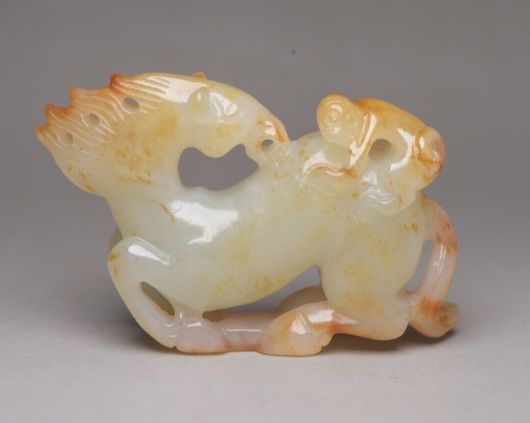 Chinese Natural Hetian Jade Carving Horse Monkey Statue Nice Figurines Art Rare