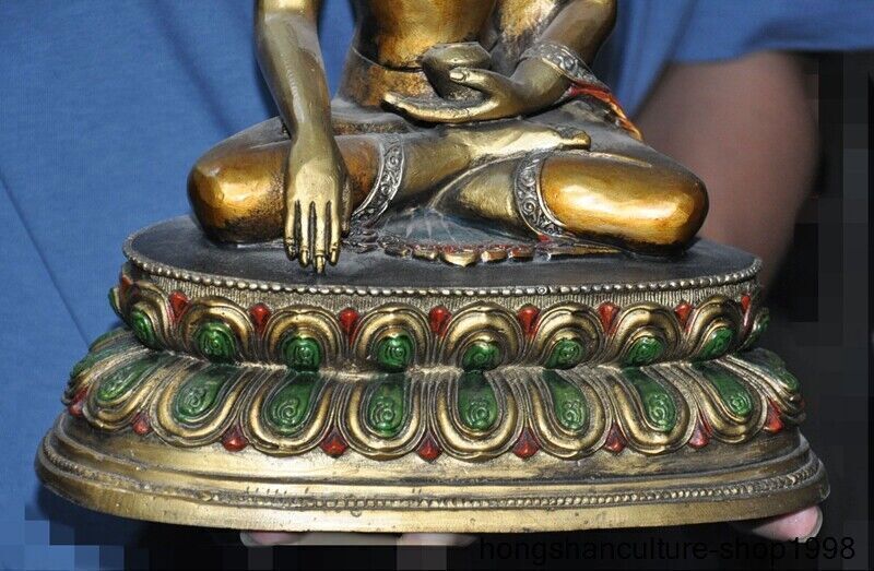 11" Tibetan Temple Bronze Gilt Silver Painted Sakyamuni Medicine Buddha Statue