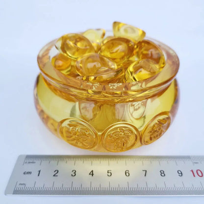 Feng Shui Paperweight Crystal Cornucopia Glass Treasure Bowl with Ingots Coins