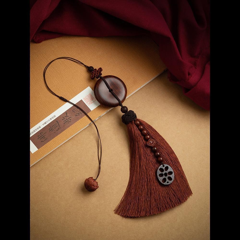 Red Sandalwood Peace Buckle Car Hanging 9.45in Wealth Tassel Pendant