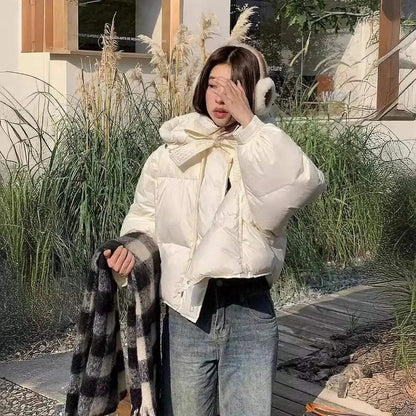 Women Cropped Winter Puffer Jacket – Warm Bow Design Coat