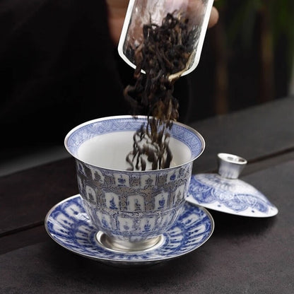 Ceramic + Pure Silver Tea Pot Gaiwan Master Cup Porcelain Buddha Tea Cup Tureen