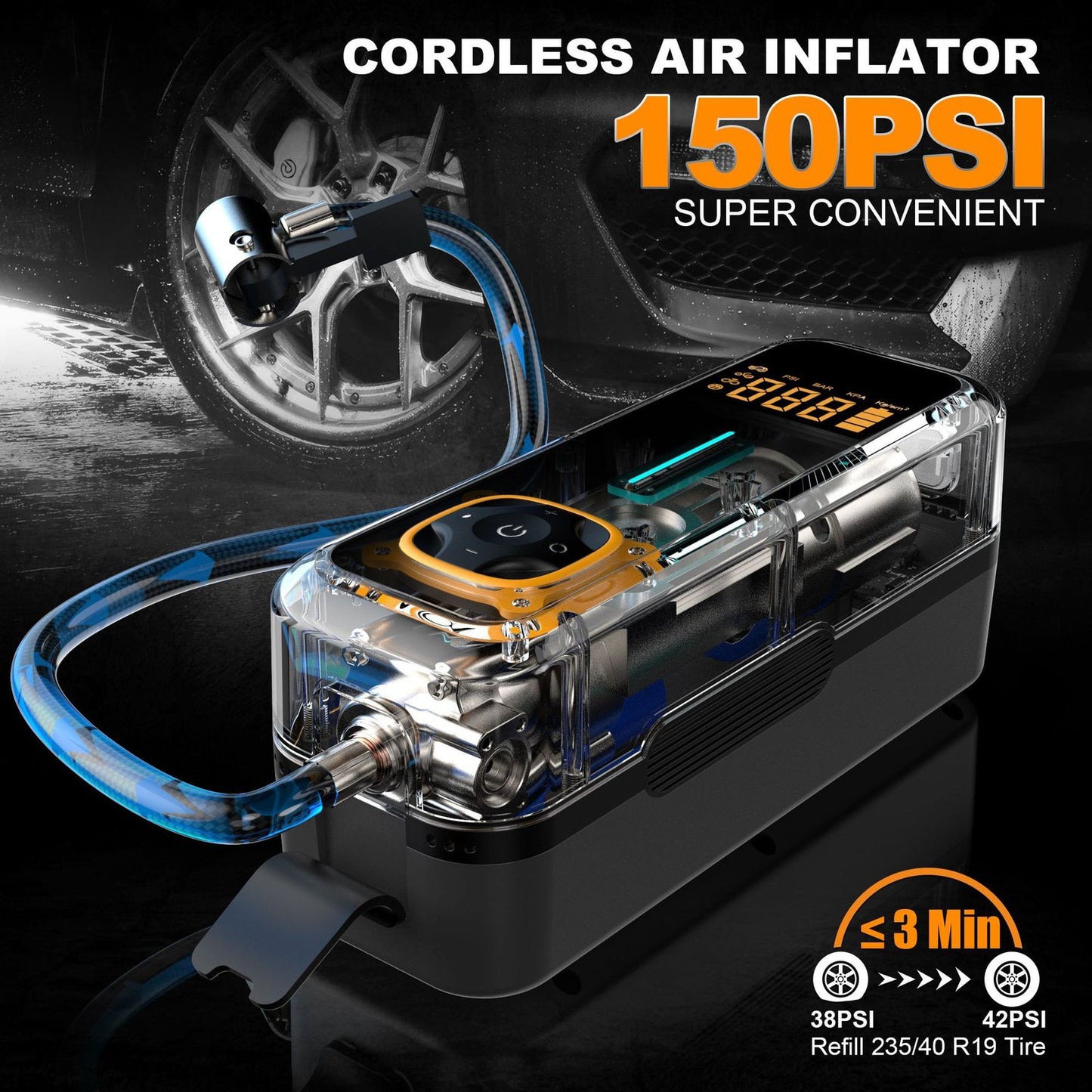 Digital display car mounted portable wireless tire inflation pump for vehicles