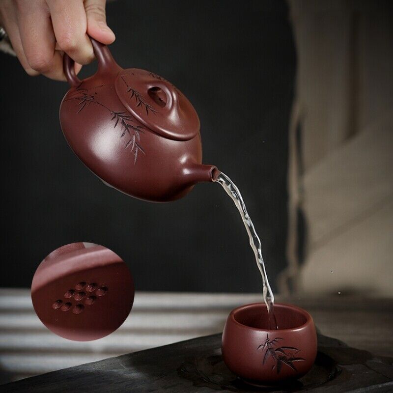 Full Handmade Tea Pot Old Purple Clay Shipiao Pot Marked 9 Infuser Holes Carved