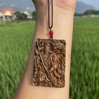 Woman Men Fashion Pendant Necklace Guan Gong 关羽 Wood Sculpture Amulet Pandent