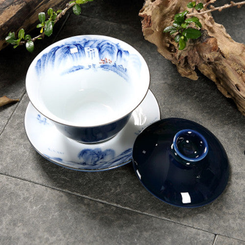 Porcelain Gaiwan Blue Glaze Tureen Jingdezhen Handpainted Covered Bowl Tea Cup