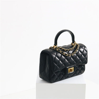 Small Quilted Lambskin Leather Handle Chain Tote Shoulder bag Crossbody Purse