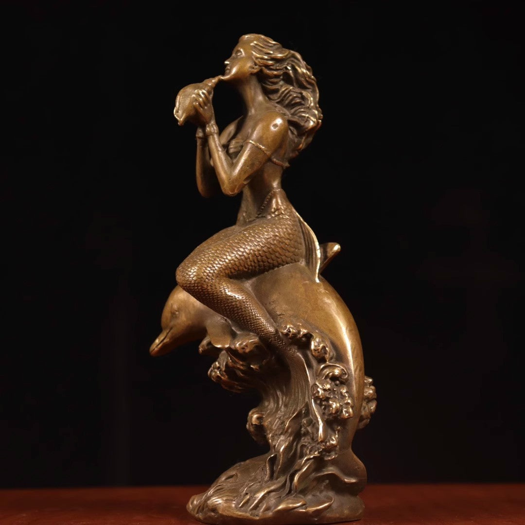 7" Brass Mermaid Girl Dolphin Beauty Sculpture Artwork Figurine Home Decor