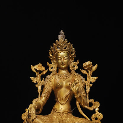 Old Dynasty China Buddhism Tibet Temple Bronze 24K Gilt Kwan-Yin Buddha Statue