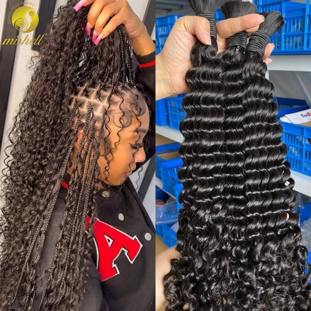 Human Braiding Hair Deep Water Wave Bulk No Weft Boho Braids Curly Extensions