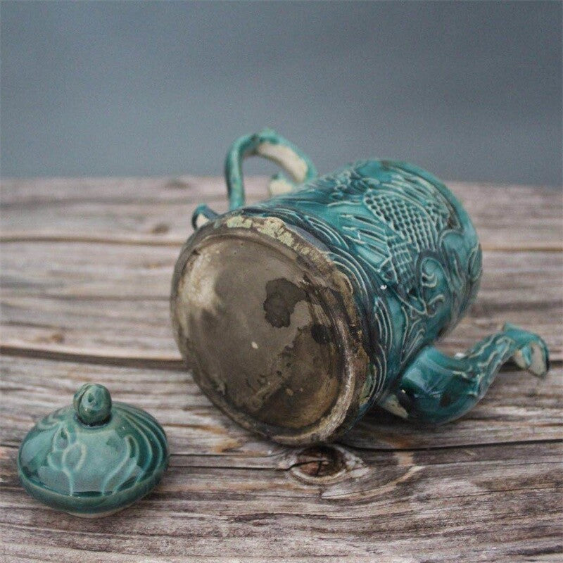 17cm Chinese Antique Song Porcelain Green Glaze Dragon Phoenix Pattern Teapot