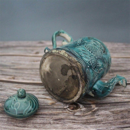 17cm Chinese Antique Song Porcelain Green Glaze Dragon Phoenix Pattern Teapot