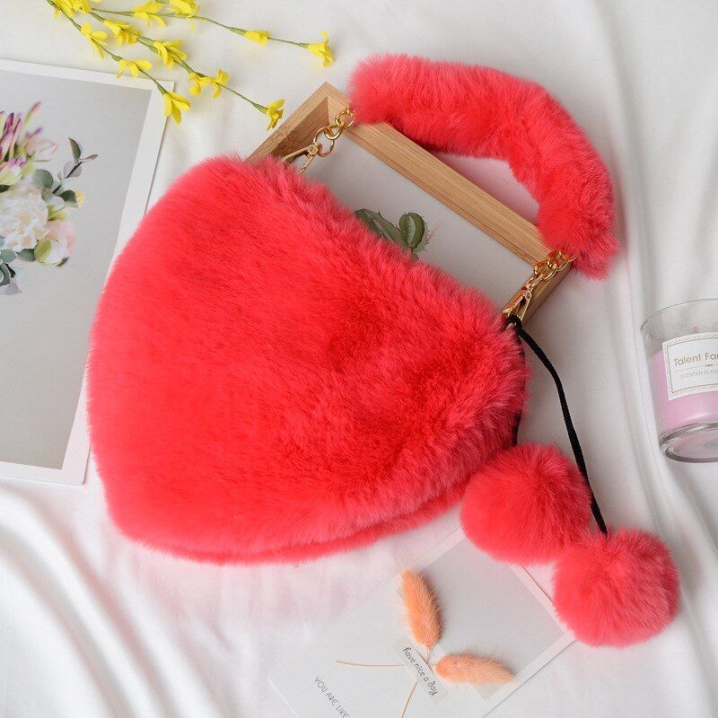 Faux Fur Winter Women Handbag Cute Heart Shaped Shoulder Bag Purse Messenger Bag